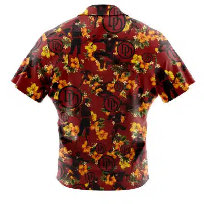 The Default Button Up Hawaiian Shirt (Copy) is a short-sleeved, red button-up shirt with black superhero silhouettes, yellow and orange flowers, and circular “DD” logos in the design.