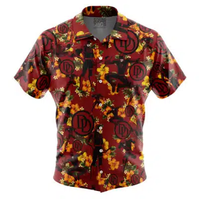 The Default Button Up Hawaiian Shirt (Copy) is a short-sleeve, red button-up shirt featuring yellow hibiscus flowers, black silhouettes, and red DD logos inspired by Marvel’s Daredevil.