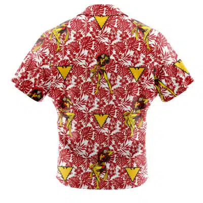 The Default Button Up Hawaiian Shirt features short sleeves and a vibrant design with red and white tropical leaves, yellow triangles, and scattered illustrations of a woman in a yellow bikini.