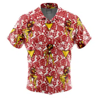 The Default Button Up Hawaiian Shirt (Copy) features short sleeves and a red and white tropical leaf print with repeated women in yellow swimsuits and yellow triangles.
