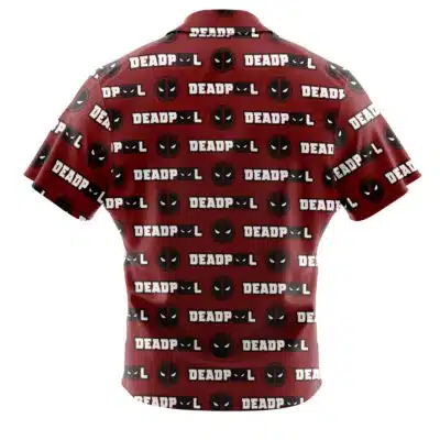 The Default Button Up Hawaiian Shirt (Copy) features short sleeves, a button-up front, and an all-over red and black Deadpool logo pattern with repeating white "DEADPOOL" text. The image shows the back of the shirt.
