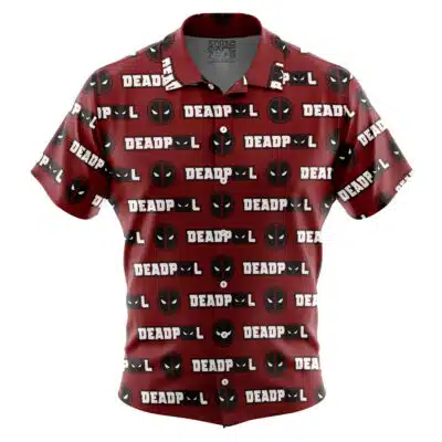 The Default Button Up Hawaiian Shirt (Copy) is a short-sleeve maroon shirt with repeating Deadpool logos and "DEADPOOL" in bold white letters across the fabric.