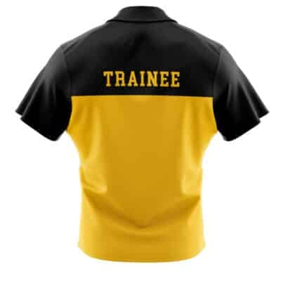 Back view of the Default Button Up Hawaiian Shirt (Copy) in black and yellow, featuring "TRAINEE" in bold yellow letters on the upper back.
