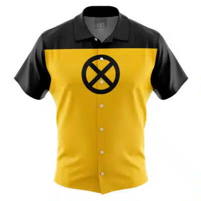 The Default Button Up Hawaiian Shirt (Copy) is a short-sleeved shirt featuring black shoulders and sleeves, a yellow torso, and a black X symbol inside a circle on the chest.