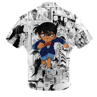 The Default Button Up Hawaiian Shirt (Copy) features a large illustration of a young anime boy running over a black-and-white manga comic strip background with panels and speech bubbles.
