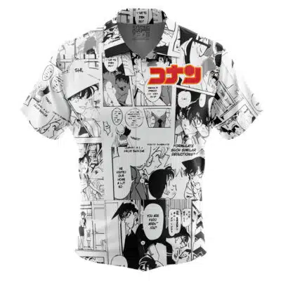 The Default Button Up Hawaiian Shirt (Copy) is a short-sleeve button-up featuring black-and-white manga panels with Japanese text, characters, and a striking red and yellow Japanese logo on the upper left chest.