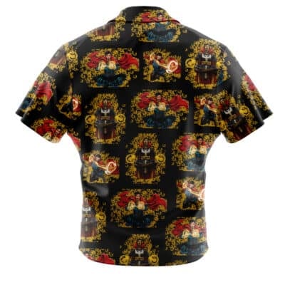 The Default Button Up Hawaiian Shirt features short sleeves and a vibrant repeating pattern of illustrated characters in red, gold, and blue on a black background. Shown from the back.