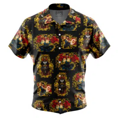 The Default Button Up Hawaiian Shirt features short sleeves, a black background, and a repeating pattern of comic book-style Doctor Strange illustrations in vibrant red, yellow, and blue.