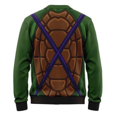 A green Default Knitted Cardigan Sweater featuring a back print that mimics a turtle shell with two crossed purple straps, inspired by Teenage Mutant Ninja Turtle costumes.