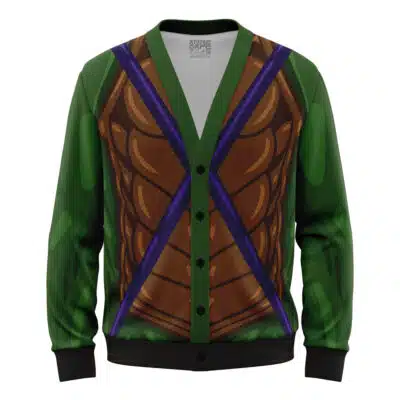 The Default Knitted Cardigan Sweater (Copy) features a design inspired by a Teenage Mutant Ninja Turtle shell with green sleeves, brown chest armor, and purple strap details.