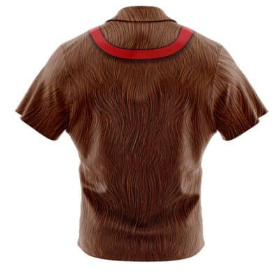 The Default Button Up Hawaiian Shirt (Copy) features a brown fur-like design with long, wavy strands and a red band across the upper back, as seen from behind.