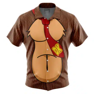The Default Button Up Hawaiian Shirt (Copy) features short sleeves, brown fur print, a cartoon belly design, and a red necktie with yellow DK initials to resemble Donkey Kong’s chest.