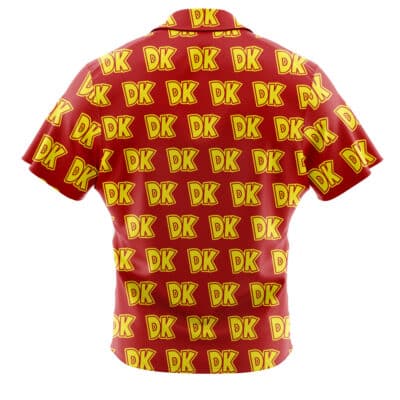 A short-sleeved, red Default Button Up Hawaiian Shirt (Copy) featuring a repeating yellow DK logo pattern on the back.