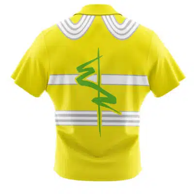 The Default Button Up Hawaiian Shirt (Copy) is a bright yellow short-sleeve shirt with white horizontal stripes, curved gray shoulder stripes, and a large stylized green design on the back.