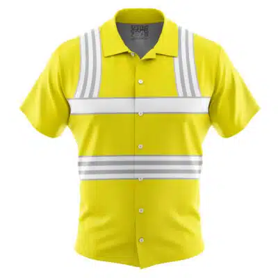 The Default Button Up Hawaiian Shirt (Copy) is a short-sleeved, button-up yellow shirt with white reflective stripes on the chest, shoulders, and waist for high visibility.