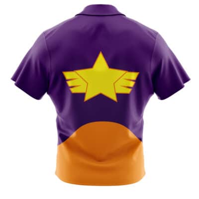 Back view of the Default Button Up Hawaiian Shirt (Copy), a short-sleeve shirt featuring a purple top, orange bottom, and a large yellow star with two yellow wing shapes on the back.