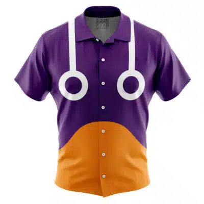 The Default Button Up Hawaiian Shirt (Copy) features short sleeves, a purple top, orange bottom, and two minimalist white vertical lines with circles on the chest.