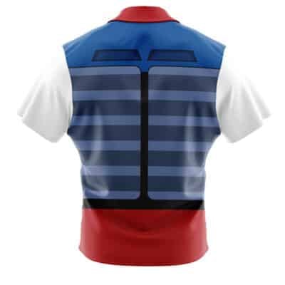 Back view of the Default Button Up Hawaiian Shirt, showcasing blue and black stripes on the back, white sleeves, a red collar, and a red lower section—designed to resemble a stylized superhero costume.