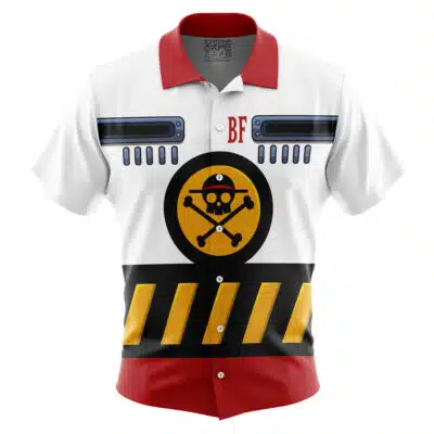 The Default Button Up Hawaiian Shirt features short sleeves, a bold white, black, red, and yellow design with cartoon skull and crossbones, metallic accents, stripes, and red "BF" letters on the chest.