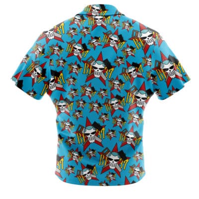 The Default Button Up Hawaiian Shirt (Copy) is a short-sleeve blue shirt with cartoon skulls in hats, red stars, and bold “B31” text in yellow and red covering the entire back.