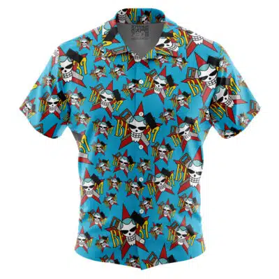 The Default Button Up Hawaiian Shirt (Copy) is a short-sleeve shirt with a bright blue background, cartoon skulls with sunglasses, red and blue starbursts, and yellow and black “B31” text in a repeating pattern.