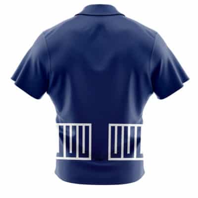 A navy blue "Default Button Up Hawaiian Shirt (Copy)" with short sleeves, shown from the back, featuring two white geometric barcode-like patterns near the lower hem.