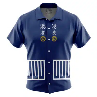 The Default Button Up Hawaiian Shirt (Copy) is a short-sleeved navy blue shirt with white geometric designs, gold symbols on the front, white vertical lines on the lower half, and white Japanese kanji characters on the chest.