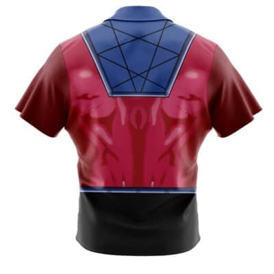 The Default Button Up Hawaiian Shirt (Copy) features short sleeves and a superhero armor-inspired design with red and black muscle patterns on the back, a blue upper section with geometric lines, and a black lower section.
