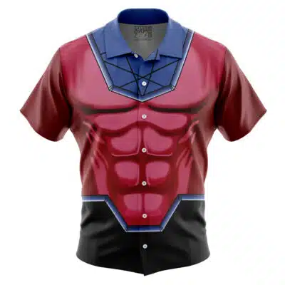 The Default Button Up Hawaiian Shirt (Copy) is a short-sleeved shirt with buttons, featuring a printed muscular chest design with a red torso, blue and black accents, and geometric patterns near the collar.