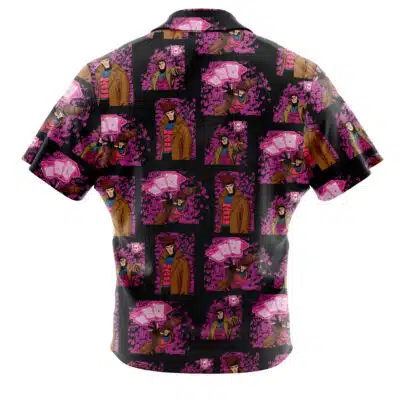 The Default Button Up Hawaiian Shirt (Copy) showcases cartoon characters—one with pink playing cards, another with a pink scarf—amidst pink flowers and leaves on a black background.
