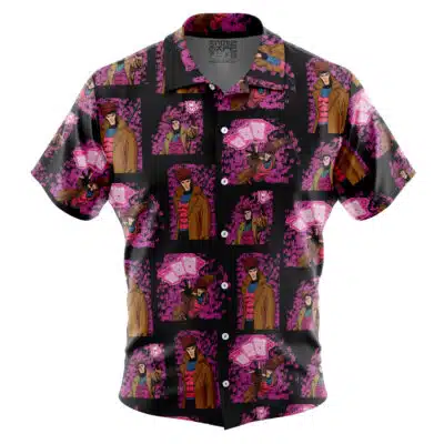 The Default Button Up Hawaiian Shirt (Copy) features short sleeves and a black background with illustrated men and women, pink playing cards, and cherry blossom tree patterns in pink and brown.