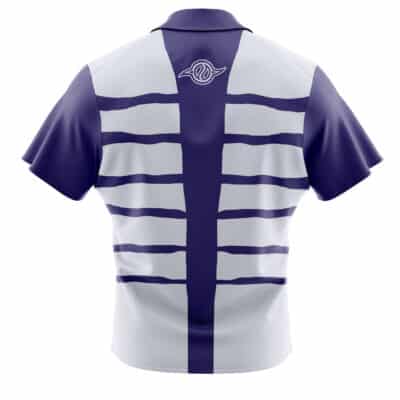 The Default Button Up Hawaiian Shirt (Copy) is a short-sleeved shirt, mostly white with dark blue vertical and horizontal stripes on the back, and features a small abstract logo near the top center by the collar.