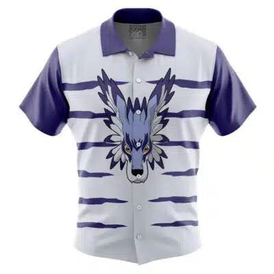 The Default Button Up Hawaiian Shirt (Copy) features dark short sleeves, a light front, and a striking blue and purple wolf face with claw marks graphic.