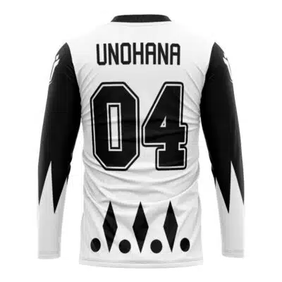 The Gotei 13 Ichimaru Bleach Hockey Jersey (Copy) is a white jersey with black sleeves, diamond-shaped patterns on the lower back, and features "Unohana" above a bold black number 04 on the back.