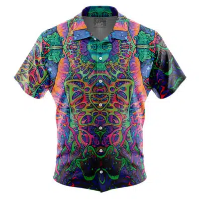 The Default Button Up Hawaiian Shirt (Copy) features short sleeves and a vivid psychedelic design with abstract shapes in bright purple, green, blue, and pink, arranged in symmetrical, intricate patterns across the fabric.