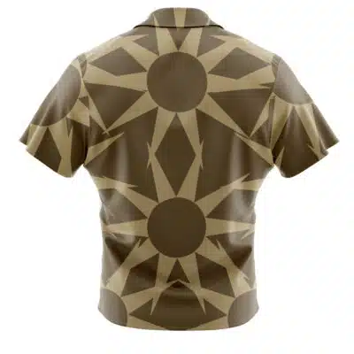 The Default Button Up Hawaiian Shirt (Copy) features a tan and brown geometric starburst pattern with circular centers and radiating angular shapes, shown from the back with short sleeves.