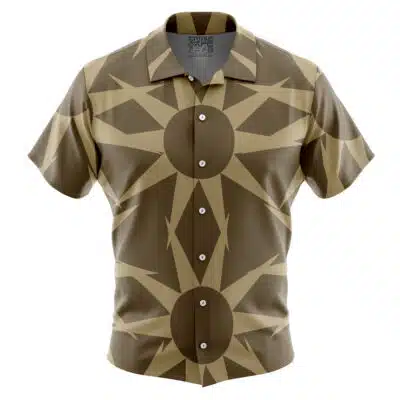 The Default Button Up Hawaiian Shirt (Copy) features short sleeves and a geometric sunburst pattern in brown and beige with large circular centers and angular radiating lines.