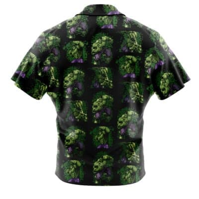 The Default Button Up Hawaiian Shirt (Copy) features a short-sleeve design with a repeated muscular green superhero in purple pants on a black background, shown from the back.