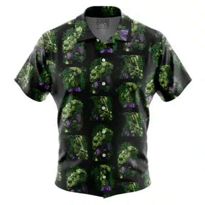 The Default Button Up Hawaiian Shirt (Copy) features short sleeves, a black background, and a repeating pattern of a green muscular comic character in ripped purple shorts.