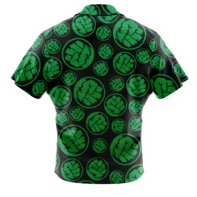 The Default Button Up Hawaiian Shirt (Copy) is a black short-sleeve shirt with green fist icons inside circles, forming a repeating pattern across the back.