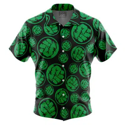 The Default Button Up Hawaiian Shirt (Copy) is a short-sleeve shirt with a black background, patterned with repeating green circles featuring clenched fist symbols.