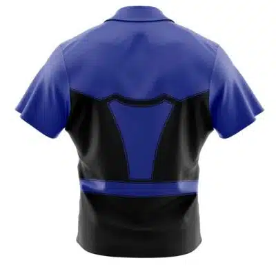 The Default Button Up Hawaiian Shirt (Copy) features short sleeves, a blue upper and sleeves, a black lower section, and blue geometric accents on the back.