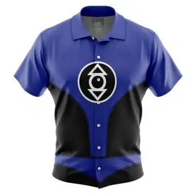The Default Button Up Hawaiian Shirt (Copy) is a short-sleeve shirt with a blue top, black bottom, and a central circular white symbol displaying an eye and up-and-down arrows.