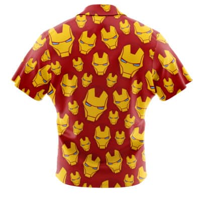 The Default Button Up Hawaiian Shirt (Copy) is a short-sleeve, button-up shirt with a red background and a repeating pattern of yellow and red Iron Man helmets.