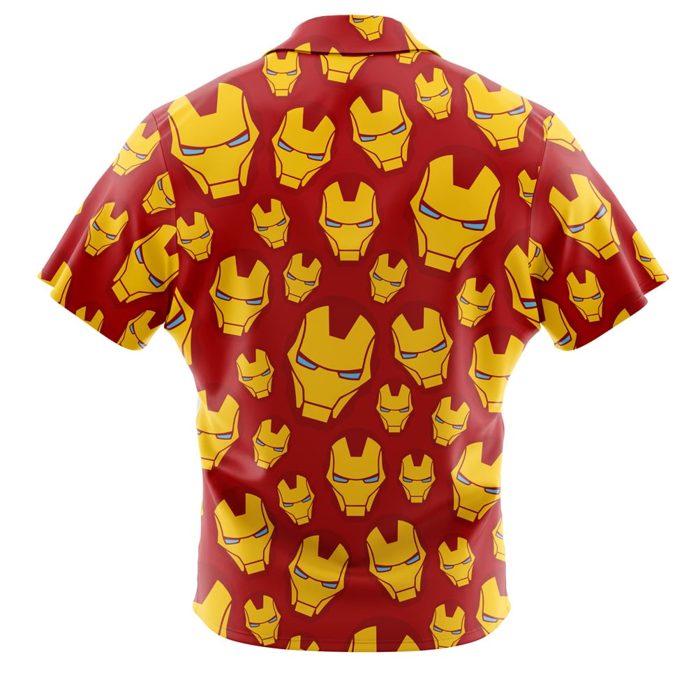 The Default Button Up Hawaiian Shirt (Copy) is a short-sleeve, button-up shirt with a red background and a repeating pattern of yellow and red Iron Man helmets.