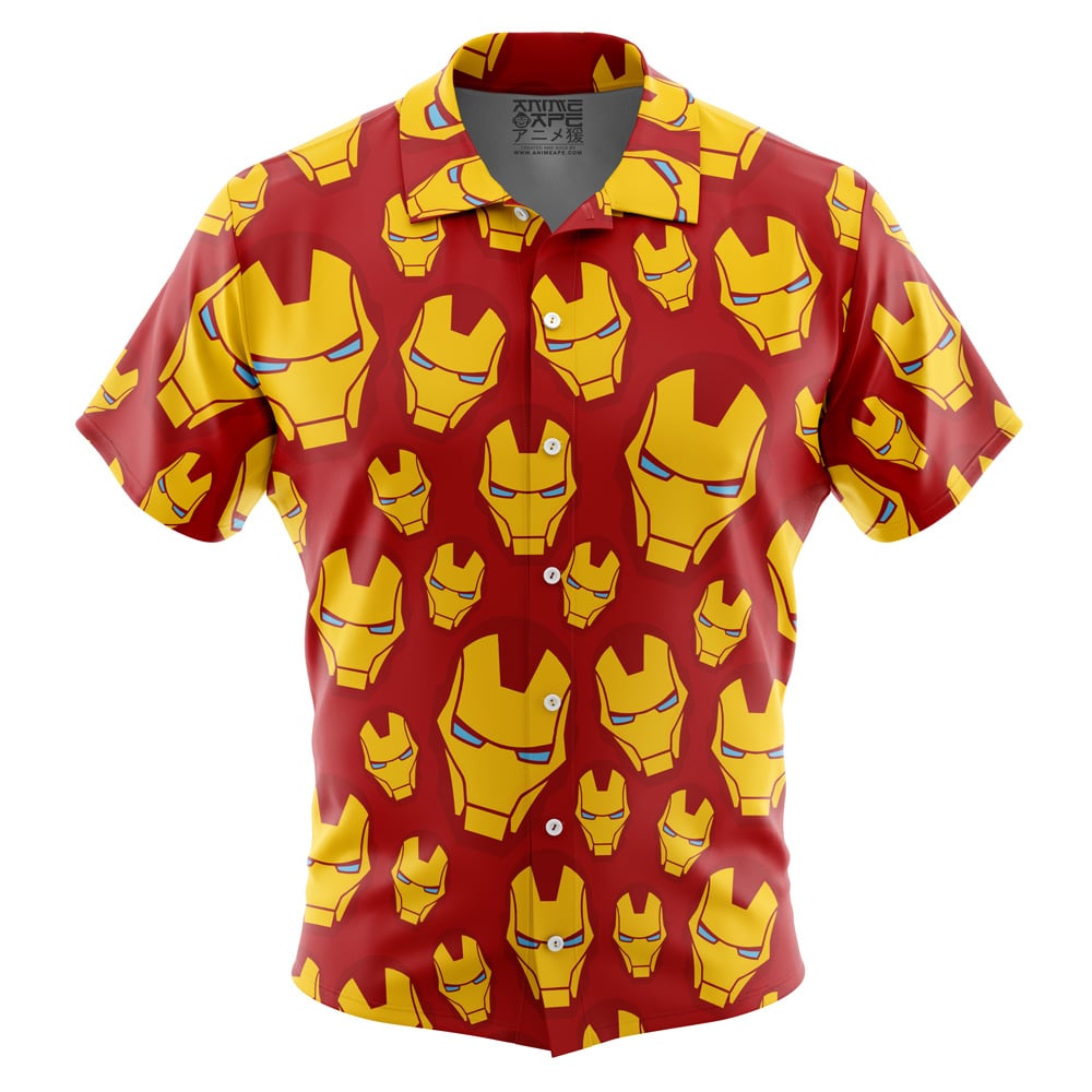 The Default Button Up Hawaiian Shirt (Copy) features short sleeves, a red background, and a repeating pattern of yellow Iron Man masks.