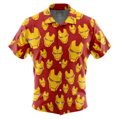 A red, short-sleeve Default Button Up Hawaiian Shirt with a full-fabric print featuring repeating yellow and red Iron Man helmets.