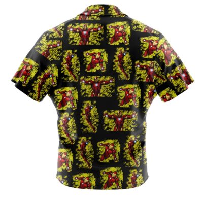 The Default Button Up Hawaiian Shirt (Copy) is a short-sleeve, black button-up featuring a comic book-style red superhero in action poses, surrounded by yellow block shapes in a repeating pattern.