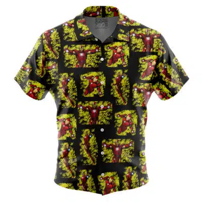 The Default Button Up Hawaiian Shirt (Copy) is a short-sleeve shirt with a black background, showcasing a comic book-style red-armored superhero and bold yellow text blocks in a repeating pattern.