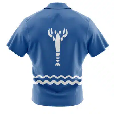 The Default Button Up Hawaiian Shirt (Copy) is blue, short-sleeved, shown from the back with a central white lobster graphic and two white wavy lines near the bottom.